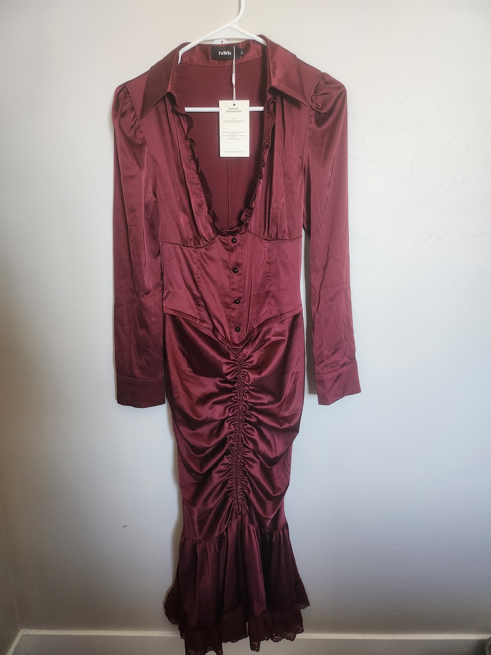 NWT Futario Burgundy Satin Corset Midi Dress Ruched Lace Trim - Size XS